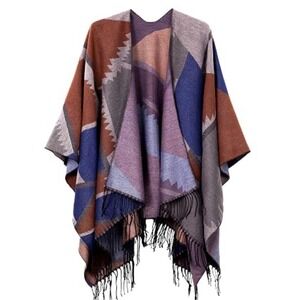 Urban Coco Women's Hooded Poncho Shawl Wrap One Size Geometric Fringe Boho